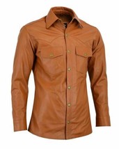 Stylish Tan Men&#39;s Shirt Genuine Lambskin Leather Handmade New Biker Moto... - £84.90 GBP