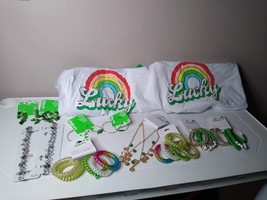 Lot Of Matching St Patrick&#39;s Day Lucky Clover And Rainbow Shirts And Jewelry - £47.95 GBP