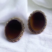 Vintage Whiting And Davis Brown Tortoise Shell Glass Clip On Earrings - £26.45 GBP