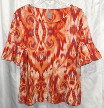 Chicos Colorful Ikat Coral Orange Short Flutter-Sleeve Top Size 1 M Modal Cotton - £8.03 GBP