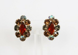 Vtg red marquise cut &amp; round multicolor rhinestone cluster clip on earrings - £11.95 GBP