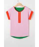 Rose Red Contrast Trim Color Block Front Zipped T Shirt - $195.51 MXN