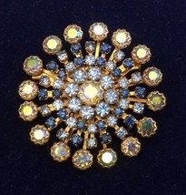 Vintage Weiss Starburst Rhinestone Pin Brooch Aurora Borealis Blue Round Cushion - $48.45