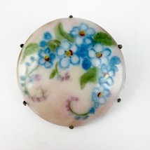 Antique Victorian Hand Painted Porcelain Blue Flowers White Brooch Pin 1.5” - £39.32 GBP