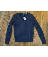 NEW POLO Ralph Lauren Women’s Cable Knit V-Neck Cotton Sweater Navy Size... - $118.40