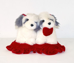Sheep Dogs Plush Puppies in Love Sitting On A Heart Pillow 9&quot; Tall - £14.38 GBP