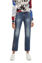 NEW DESIGUAL Sanford Blue Denim Embroidered Cropped Jeans (Size 25) - £47.15 GBP