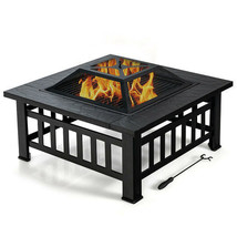 32 Inch 3 in 1 Outdoor Square Fire Pit Table with BBQ Grill and Rain Cov... - £114.43 GBP