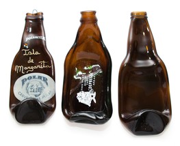 Vintage Barware Set of 3 Melted Beer Bottles Soap Dish Holder Ashtray Polar - $17.82