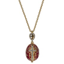 Red Enamel Brass 50 Crystals Triptych Icons Royal Egg Pendant Necklace 20 Inches - £63.12 GBP