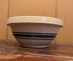 Antique Stoneware Yellow Ware 7&quot; Mixing Bowl with Blue Bands Stripes Vtg #2 - £29.22 GBP