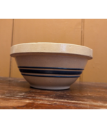 Antique Stoneware Yellow Ware 7&quot; Mixing Bowl with Blue Bands Stripes Vtg #2 - $37.56