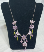 Dangling Butterfly and Flower Purple and Pink Necklace w/ Rhinestones Unbranded - £19.33 GBP