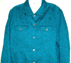 CHICOS Sz 2 Boho Teal blue Floral Textured Floral Button Front Jacket - $15.79