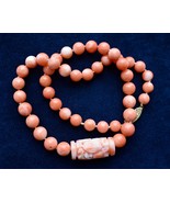 14K Rich Pink Coral Beaded Necklace Carved Chinese Longevity Center 16&quot; ... - £317.79 GBP