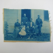 Cyanotype Photograph On Cloth Family Porch Steps Dog &amp; Doll Antique 1800s RARE - £39.30 GBP