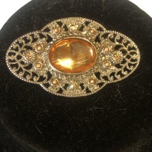 Vintage Filigree Pin Brooch Gold Tone Victorian Style Brooch Amber Topaz... - £26.56 GBP