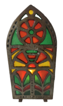 Tea Candle Holder Vintage Cast Iron Stained Glass Cathedral Window  Red Green - £11.98 GBP