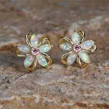 White Opal &amp; Cubic Zirconia Flower Stud Earrings - £16.81 GBP