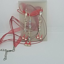 Necklace Earrings Bikini Bra Top 1/2 &quot; Charm Clear Silver Beads Red Ribb... - £11.78 GBP