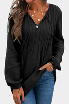 Black Casual Pleated V Neck Textured Loose Top - £26.98 GBP