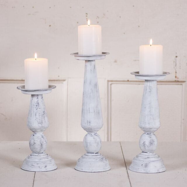 Metal Pedestal Pillar Candle Holder Set in Rustic White Wash