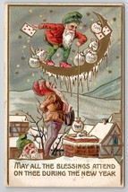 New Year Greetings Gnomes Gold Crescent Moon Money Bags Emb 1908 Postcard P21 - £11.85 GBP