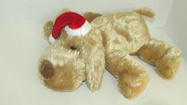 Chrisha playful plush puppy dog lying down Santa hat tan golden beanbag ... - £10.25 GBP