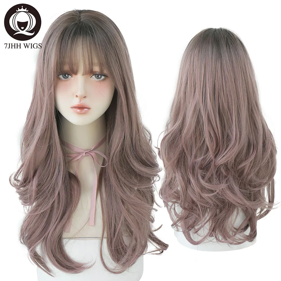 7JHH Fashion Ombre Brown Black Deep Wave Long Hair With Bangs Synthetic Wigs F - £18.08 GBP+