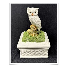 Owl Trinket Dresser Box On Tree Stump Ceramic Spaghetti White Green Italy 7”H - £36.43 GBP