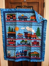 Trains - Baby Blanket - Blue Satin Border - $25.00