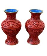 Vintage Chinese Pair Red Carved Cinnabar Vases Intricate Floral Design &amp;... - $1,747.65 MXN