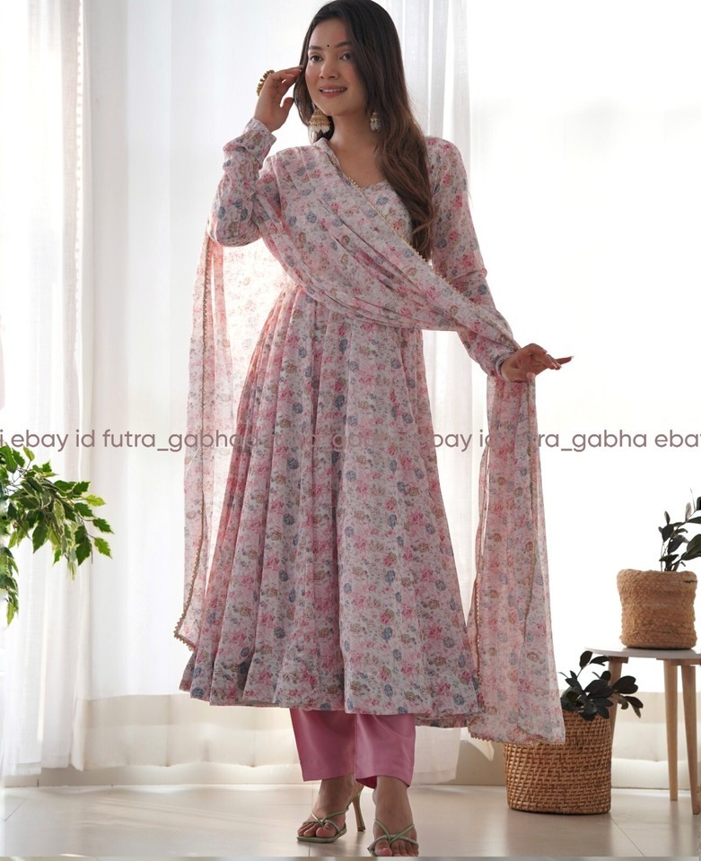 Pink base flower printed anaerkali dress for women,womens wear anarkali ... - $39.10