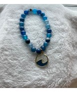 Charm bracelet, blue beads, wave charm, synthetic agate - £12.90 GBP