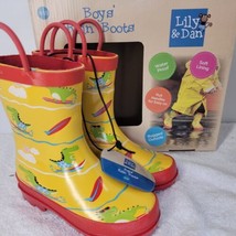 Lily &amp; Dan Kids Yellow Rain Boots Size 9/10 Waterproof Soft Lining Dinosaurs NEW - $17.81