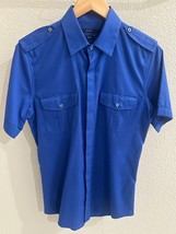 GUCCI Men’s Royal Blue Cotton Short Sleeve Dress Shirt Epaulettes EU 38 ... - $217.79