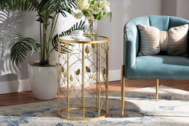 Artha Glam Brushed Gold Finished Metal and Glass Leaf Accent End Table - $150.00