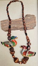 Chunky Wooden Carved Mallard Duck Ducks Necklace Wood Stain Rare Vintage - £43.66 GBP