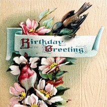 Happy Birthday Greeting Postcard 1910s Pink Flowers Birds Embossed Germa... - $14.99