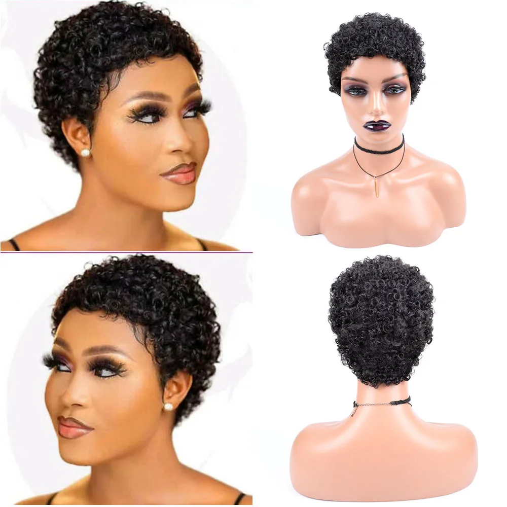 Short Afro Curly Synthetic Hair Wigs for Black Women Short Hairstyles Pixie C - £9.51 GBP