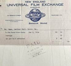 Universal Films Exchange 1915 WW2 Era Invoice Center Theater Maine DWEE3... - $445.29 MXN
