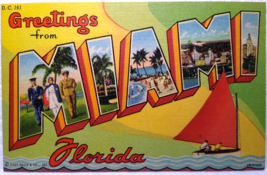 Greetings From Miami Florida Large Letter Linen Postcard Curt Teich Sailboat - £10.46 GBP