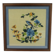 21.5&quot; Square Framed Needlework Bird Cream Blue Roses Picture Art Completed VTG - £51.67 GBP