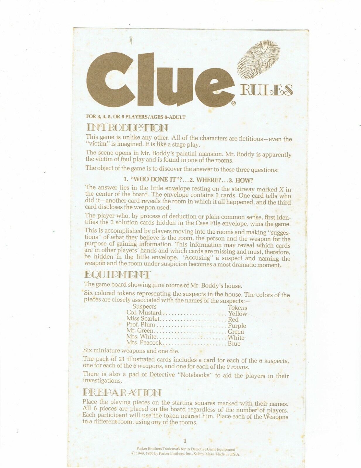 1950 Parker Brothers Clue Board game Replacement Instructions - £7.67 GBP