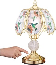 3-Way Touch Table Lamp Colorful Hummingbird Scene Glass Gold Base Home D... - $54.18