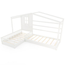 L-shaped Double Twin Beds House Platform Beds with Fences Corner Bed Frame-White - €383,81 EUR