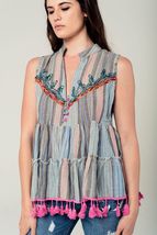 Embroidery Sleeveless Blouse With Tassels - $60.50