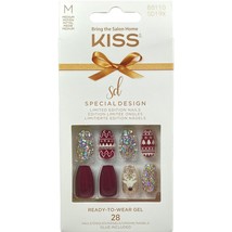 Kiss Nails Special Press Glue Manicure Medium Coffin Maroon Reindeer Chr... - £13.27 GBP