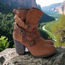 Steve Madden Yale Boots Sz 8 Ankle Booties Leather Belted Strappy Chunky Brown  - £46.51 GBP