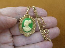 (CA30-40) RARE African American LADY green + white CAMEO brass Pendant n... - $18.89